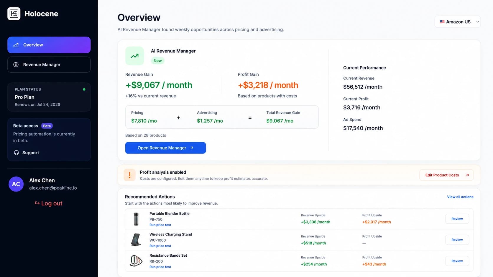 Holocene Revenue Manager dashboard overview